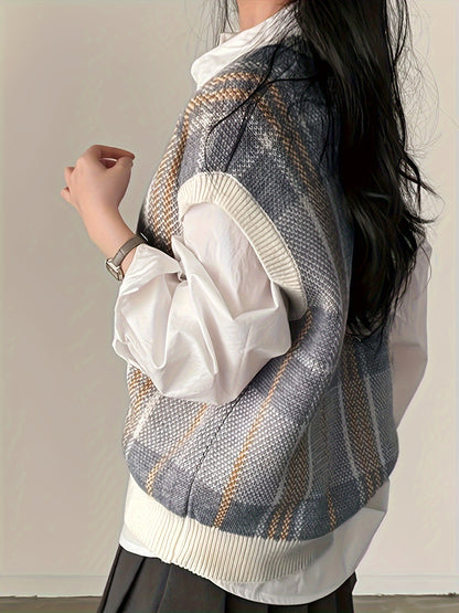 Comfortable Plaid Sweater Vest for Women with V Neck Sleeveless Oversized Knit Style