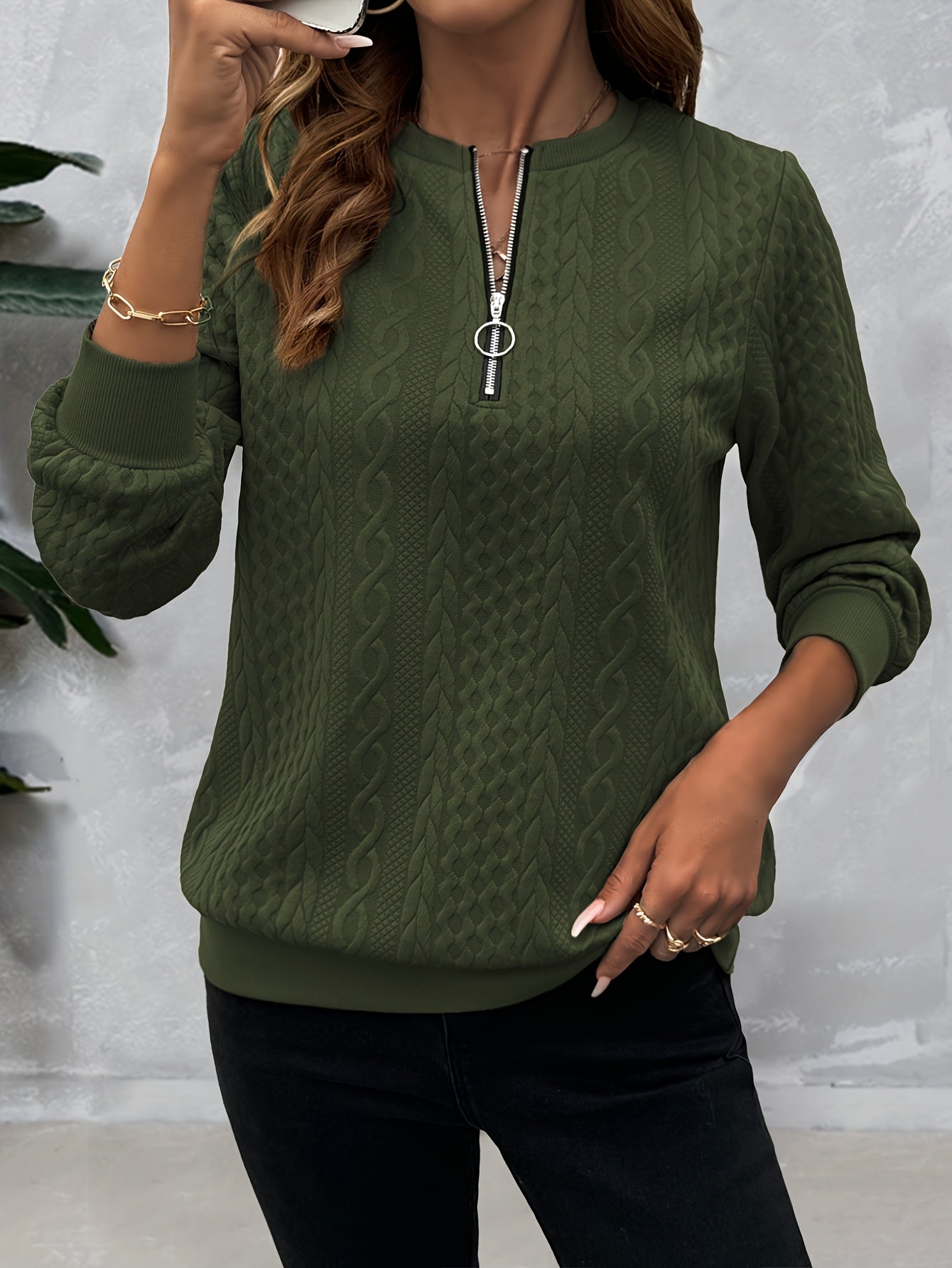 Comfortable Cable Knit Sweater for Women with Zip Crew Neck Long Sleeve Textured Relaxed Style