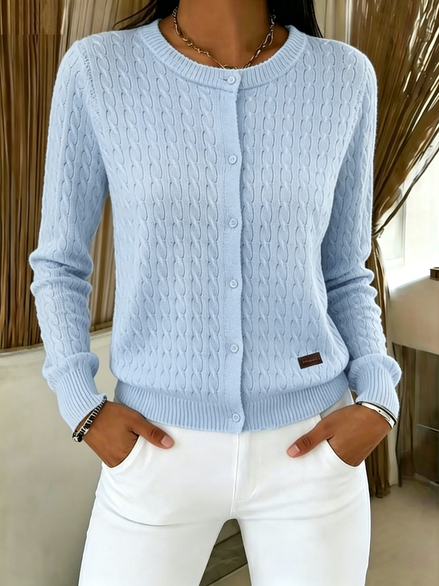 Comfortable Cable Knit Cardigan Sweater for Women with Crew Neck Long Sleeve Button Front Relaxed Casual Style