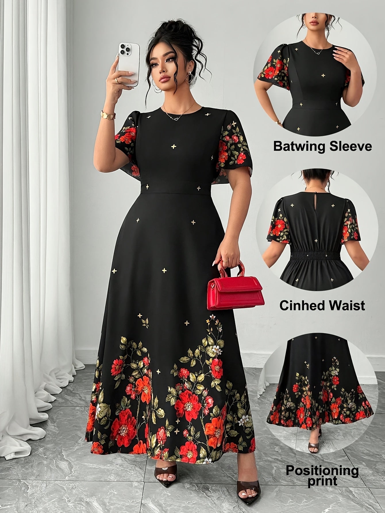 Elegant Black Floral Maxi Dress for Women with Round Neck Batwing Sleeve Cinched Waist Flowing Style