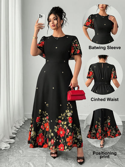 Elegant Black Floral Maxi Dress for Women with Round Neck Batwing Sleeve Cinched Waist Flowing Style