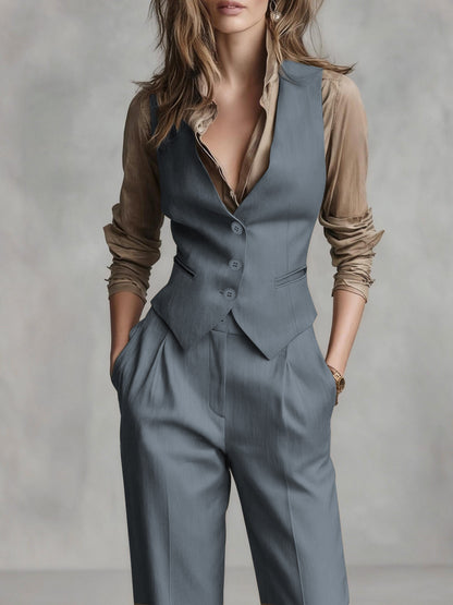 Elegant Coffee Brown Three Piece Set for Women with V Neck Sleeveless Vest Wide Leg Pant Tailored Style