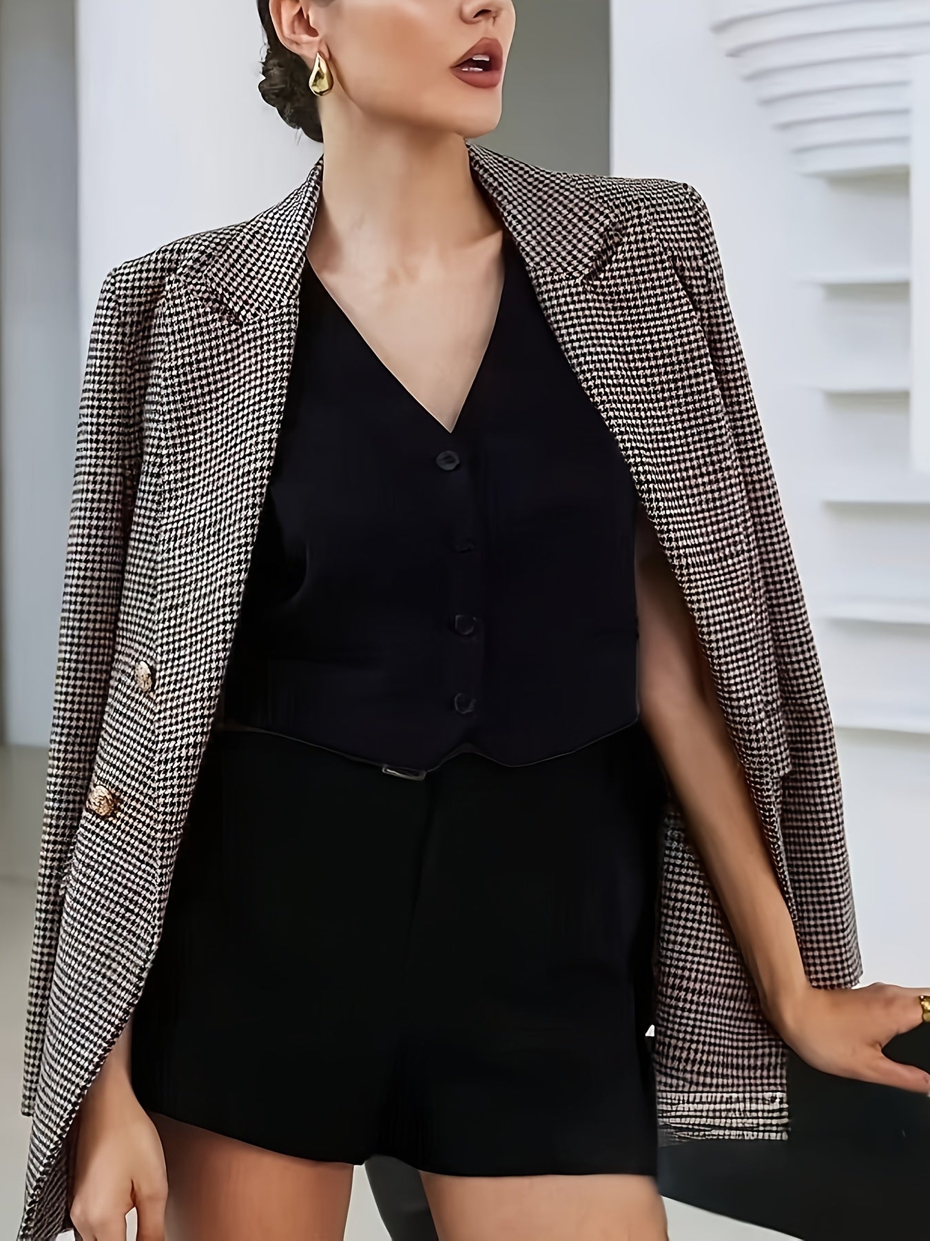 Elegant Coffee Brown Houndstooth Blazer for Women with Notched Lapel Long Sleeve Double Breasted Oversized Style