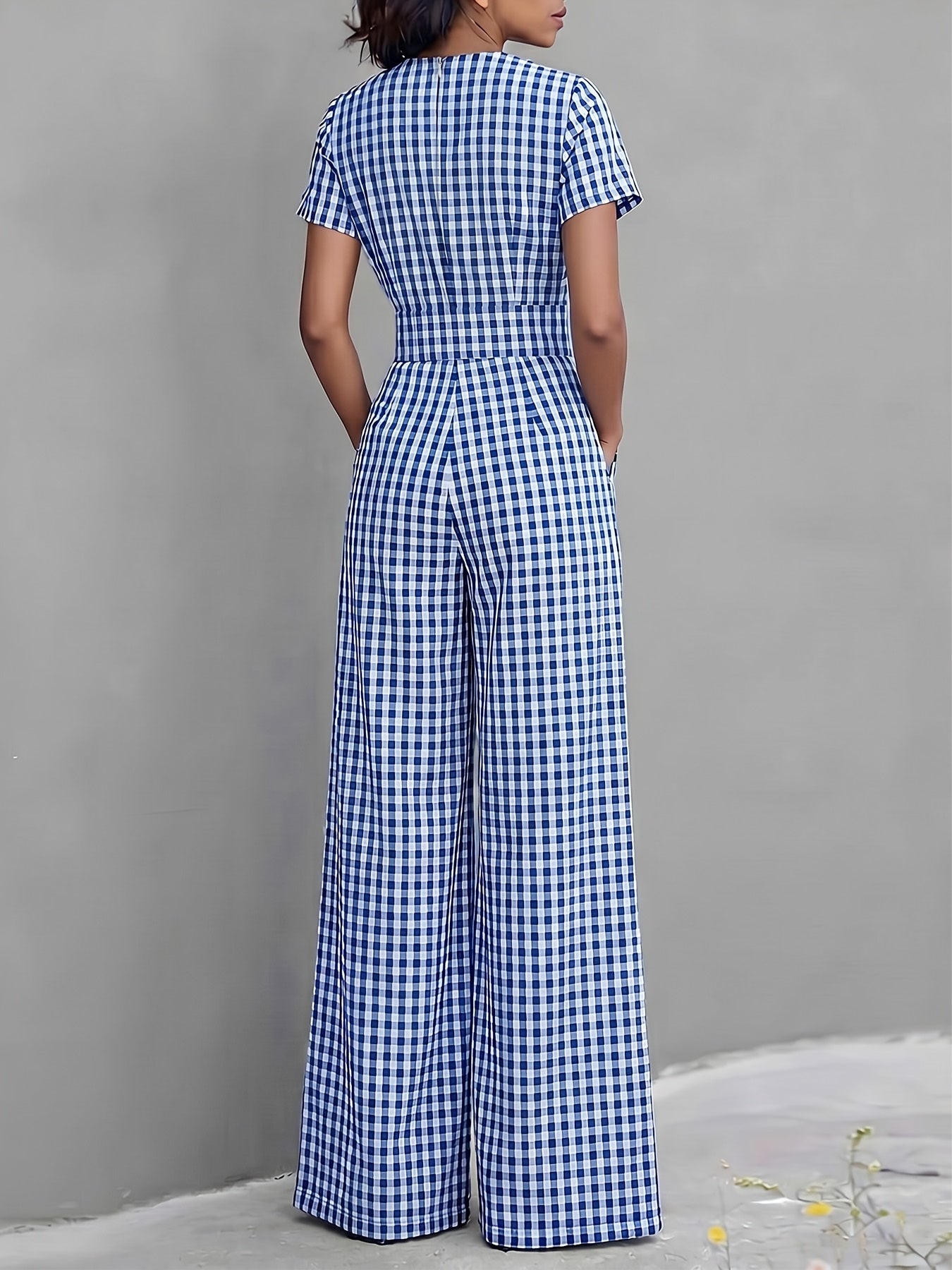 Effortless Gingham Wide Leg Jumpsuit for Women with V Neck Short Sleeve Fitted Waist Pocket Style
