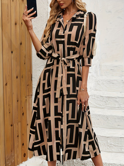 Elegant Geometric Print Shirt Dress for Women with Collar Elbow Sleeve Belted Side Slit Casual Style