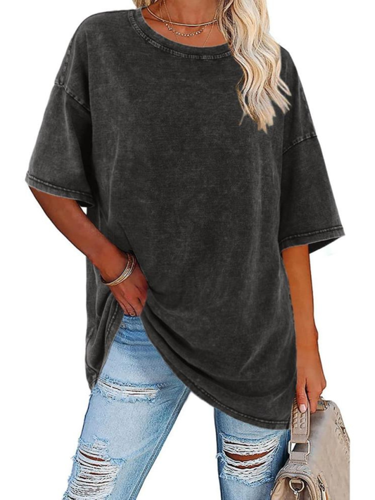 Effortless Washed Cotton Tunic Top for Women with Crew Neck Short Sleeve Oversized Relaxed Casual Style