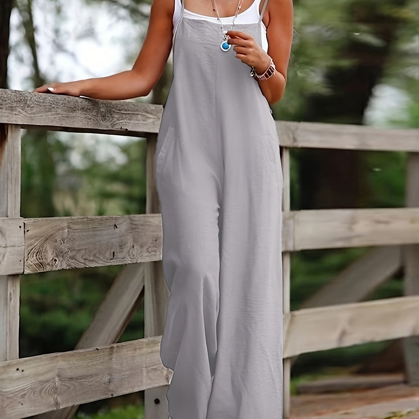 Effortless Wide Leg Jumpsuit for Women with Square Neck Sleeveless Pocket Relaxed Casual Style
