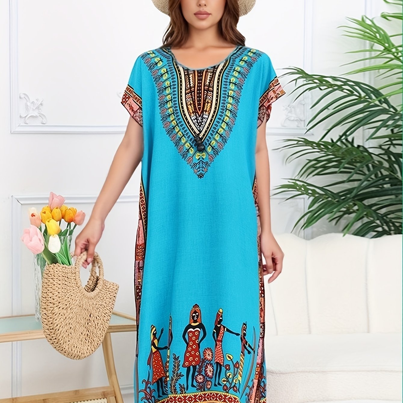 Effortless Tribal Print Kaftan Dress for Women with V Neck Short Sleeve Embroidered Flowing Bohemian Style