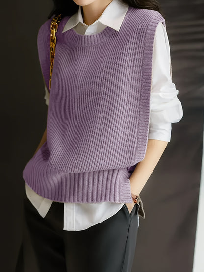 Comfortable Ribbed Knit Sweater Vest for Women with Crew Neck Sleeveless Relaxed Oversized Style