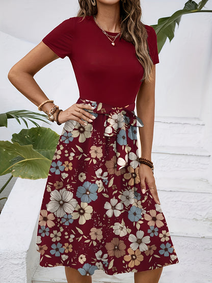 Effortless Floral Midi Dress for Women with Round Neck Short Sleeve Tie Waist A Line Style