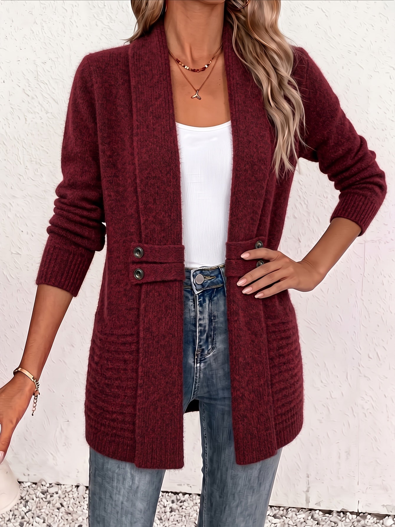 Comfortable Ribbed Knit Cardigan Sweater for Women with Shawl Collar Long Sleeve Button Detail Casual Style