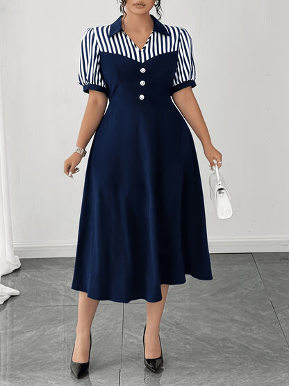 Elegant Navy Striped Midi Dress for Women with Collar Short Sleeve Button Front A Line Style
