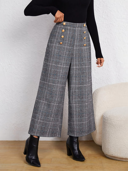 Elegant Grey Houndstooth Wide Leg Pant for Women with High Waist Button Front Cropped Tailored Style