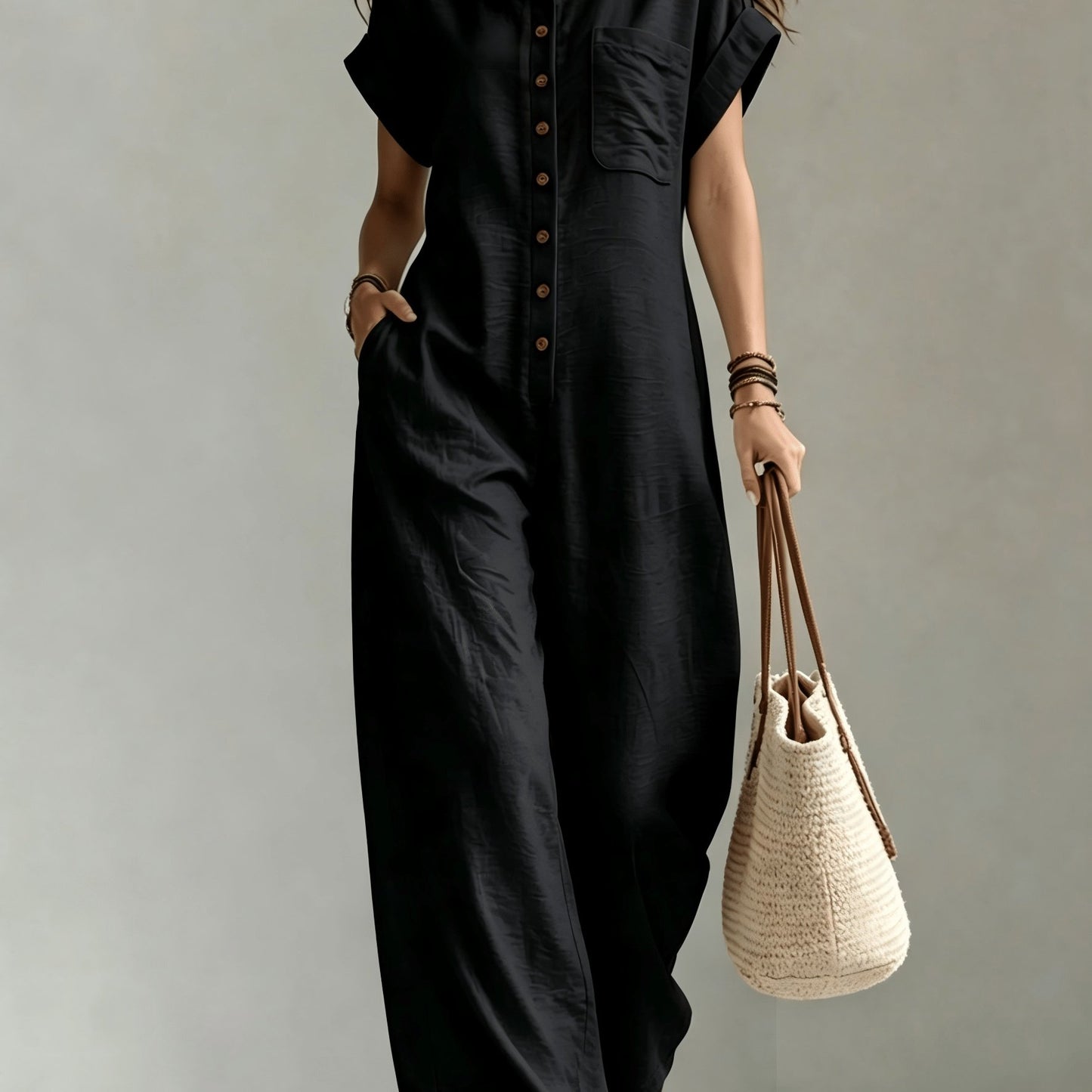Effortless Linen Jumpsuit for Women with Collar Short Sleeve Button Front Wide Leg Casual Style