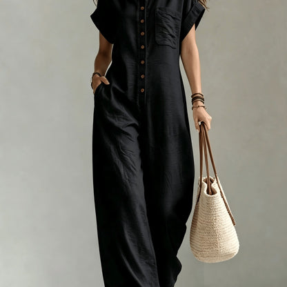 Effortless Linen Jumpsuit for Women with Collar Short Sleeve Button Front Wide Leg Casual Style