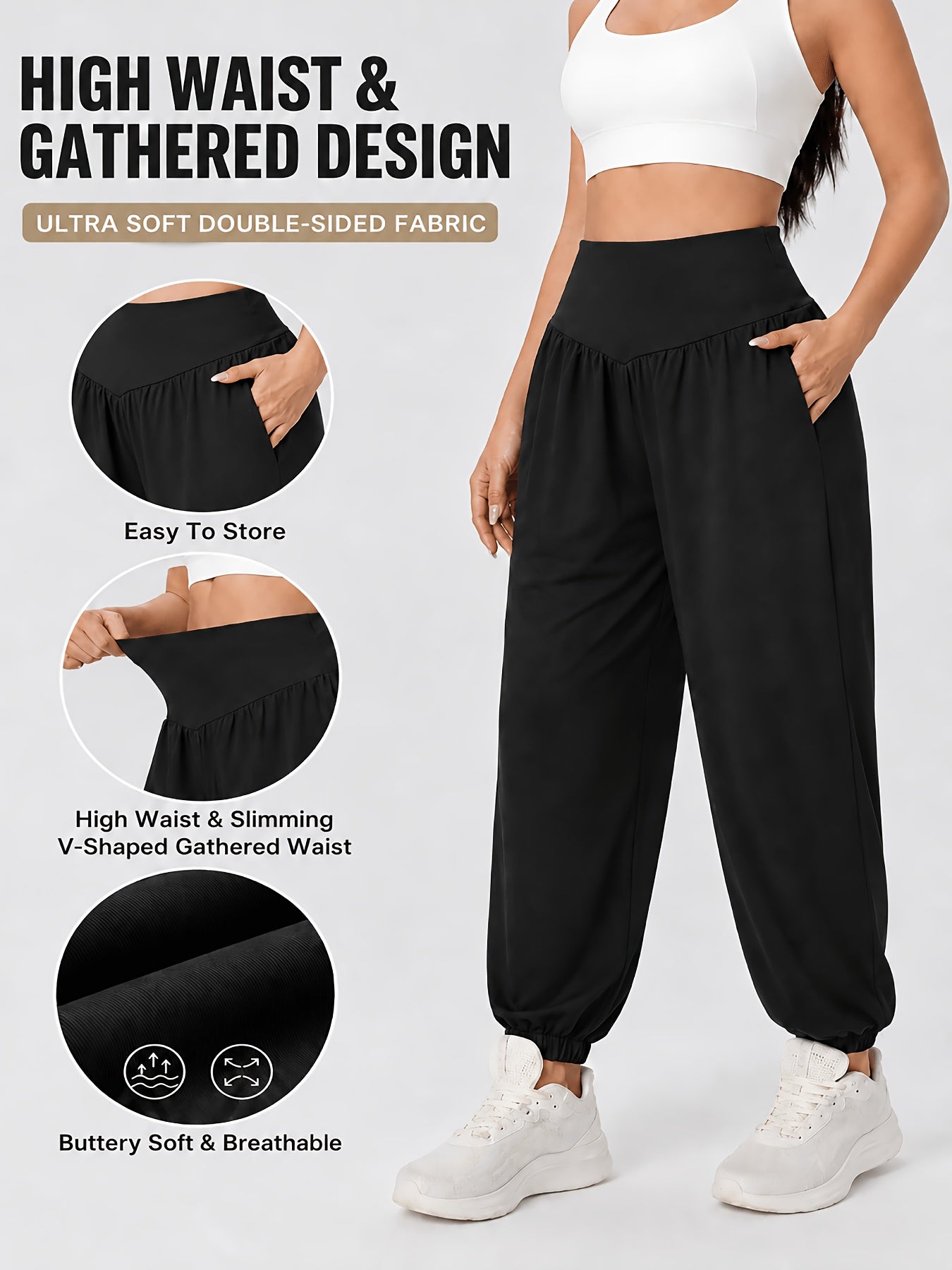 Effortless Black Jogger Pants for Women with High Waist Gathered Elastic Cuff Casual Style