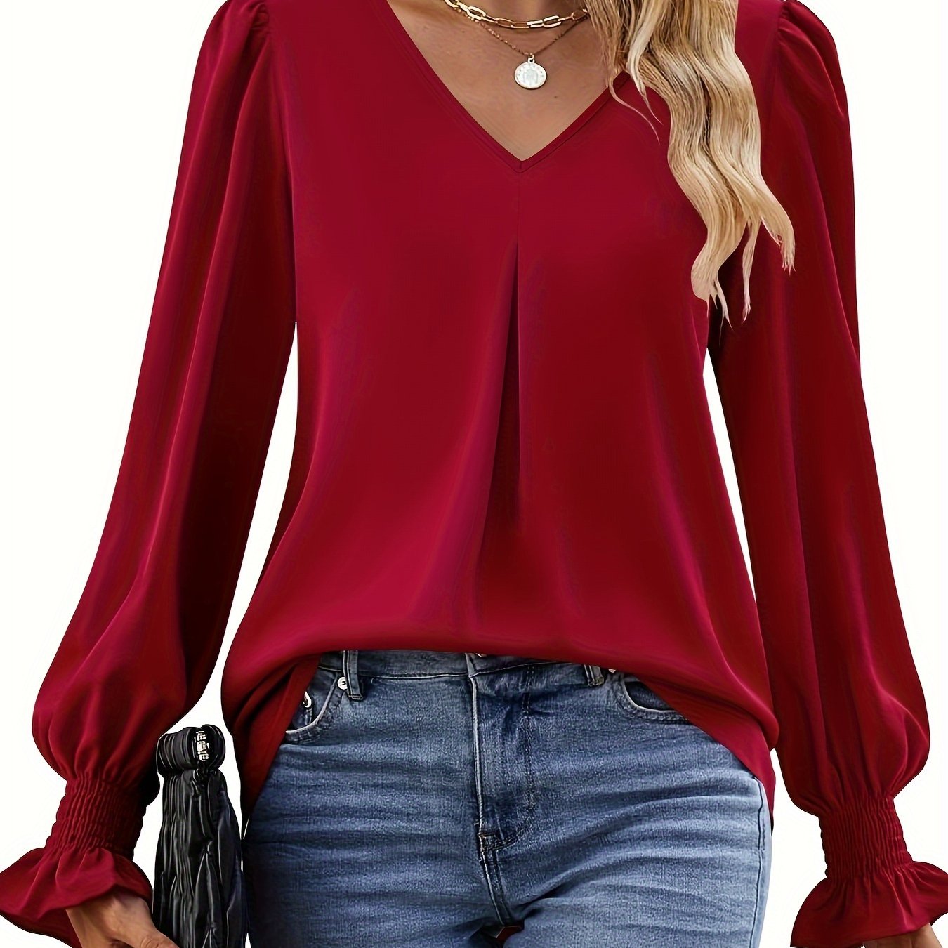 Elegant Pleated Blouse for Women with V Neck Balloon Sleeve Smocked Cuff Relaxed Style