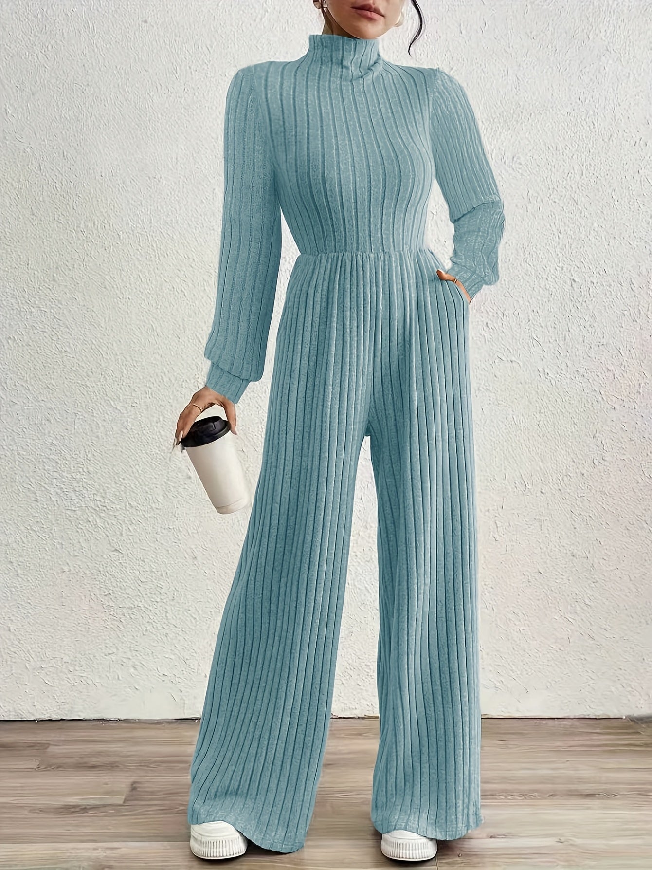 Effortless Ribbed Knit Jumpsuit for Women with Mock Neck Long Sleeve Wide Leg Relaxed Style