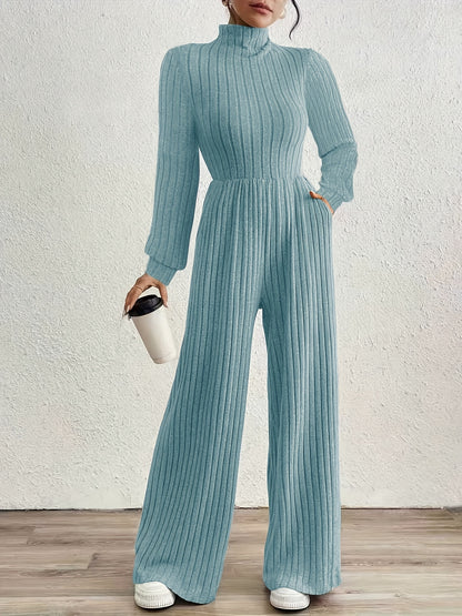 Effortless Ribbed Knit Jumpsuit for Women with Mock Neck Long Sleeve Wide Leg Relaxed Style