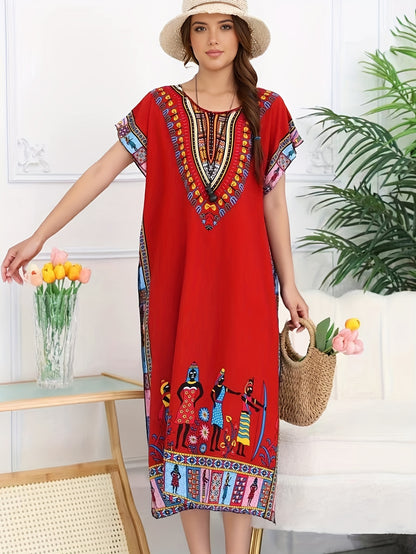 Effortless Tribal Print Kaftan Dress for Women with V Neck Short Sleeve Embroidered Flowing Bohemian Style
