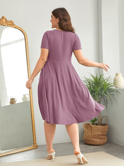 Elegant Burgundy Button Front Midi Dress for Women with V Neck Short Sleeve Fit Flare Plus Size Style