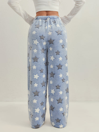 Comfortable Star Moon Print Fleece Pajama Pants for Women with High Waist Drawstring Wide Leg Cozy Style