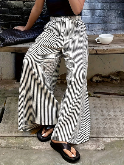 Effortless Black and Cream Striped Wide Leg Pants for Women with High Waist Elastic Flowing Palazzo Style