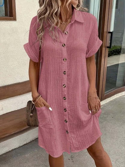 Effortless Textured Cotton Shirt Dress for Women with Collar Short Sleeve Button Front Relaxed Style