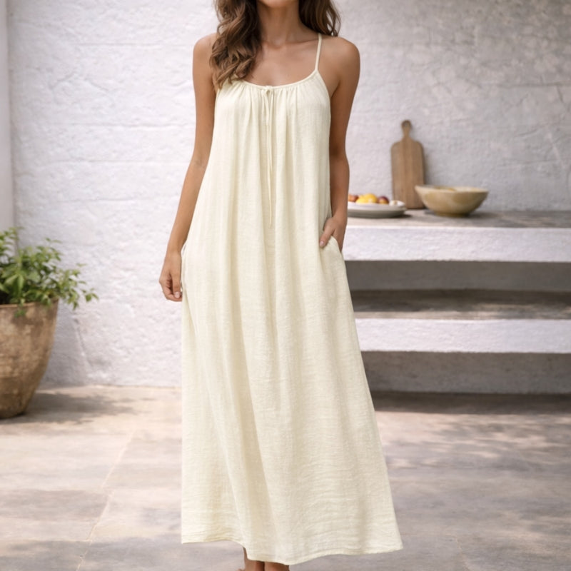 Effortless Linen Maxi Dress for Women with Scoop Neck Spaghetti Strap Flowy A Line Style