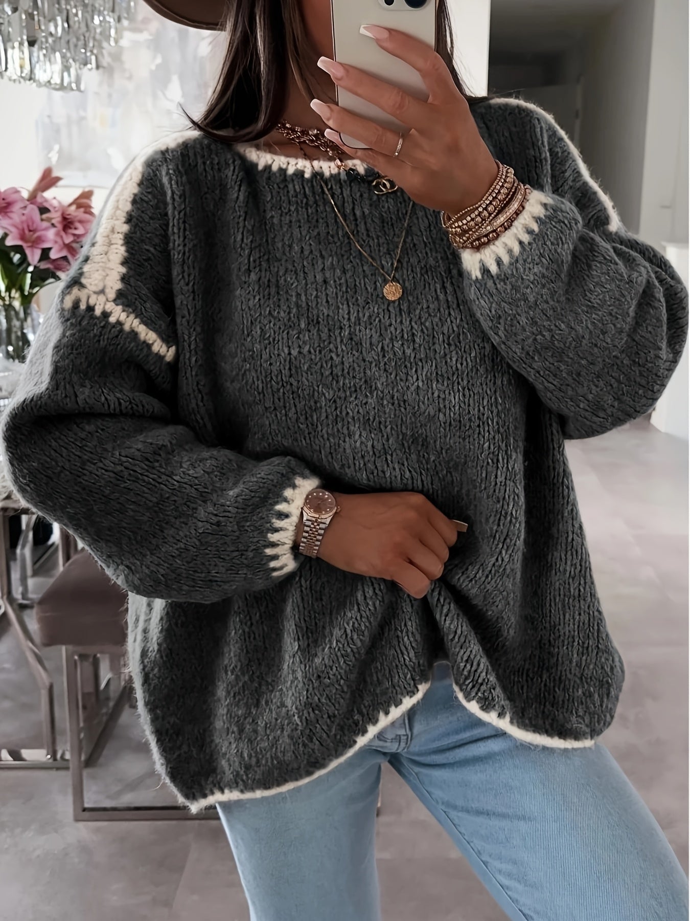 Solid Boat Neck Pullover Sweater, Women'S Casual Long Sleeve Loose Contrast Sweater