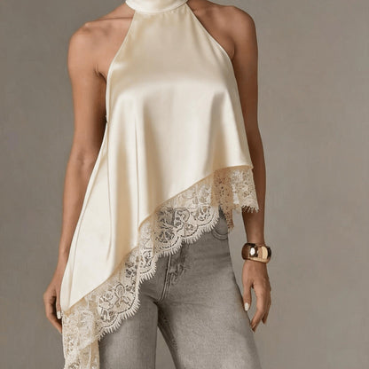 Irregular Patchwork Lace Neckline Halter Top, Women's Elegant Vest