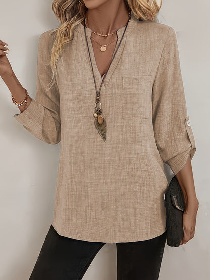 Effortless Linen Blouse for Women with V Neck Roll Tab Sleeve Relaxed Tunic Style