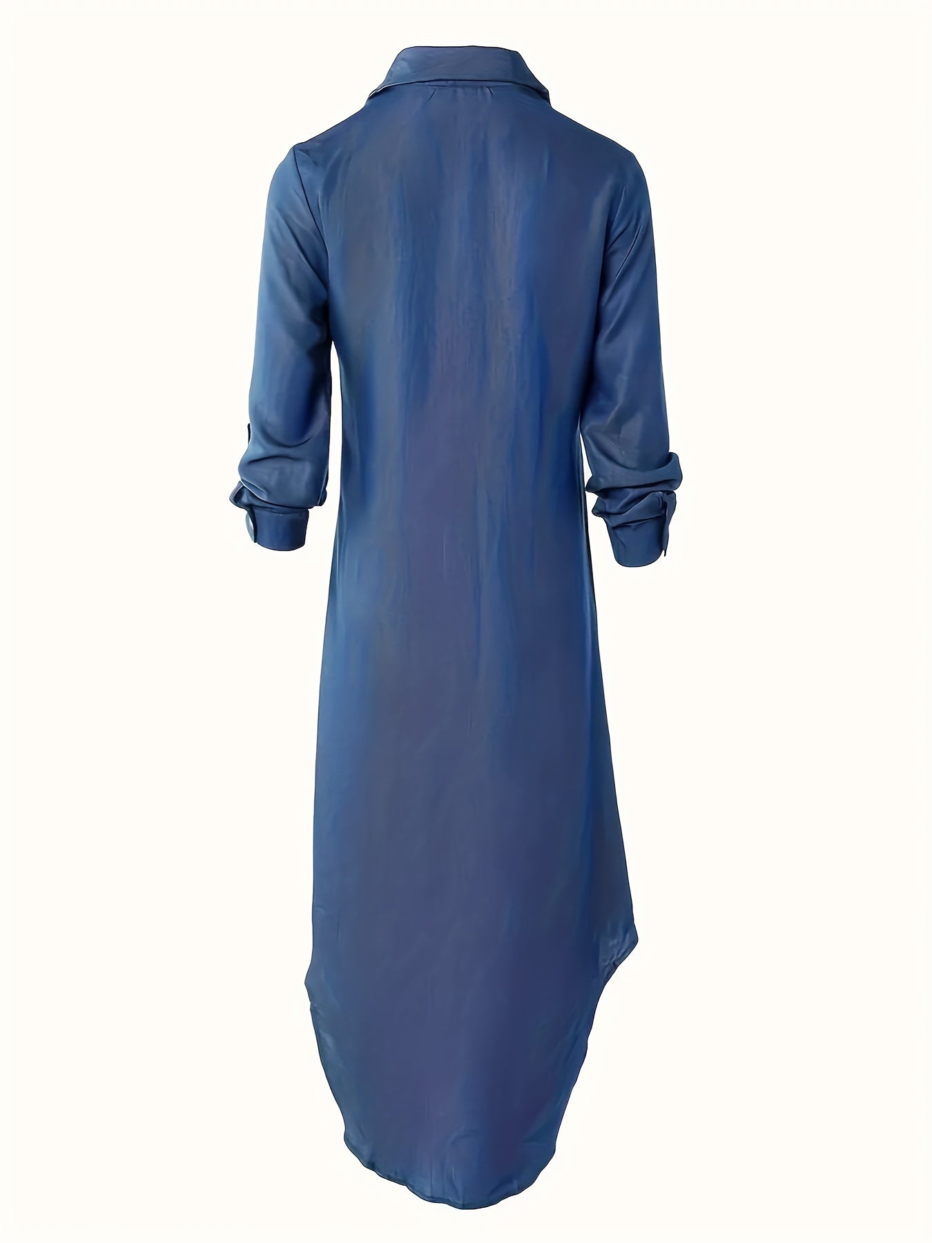 Elegant Blue Denim Shirt Maxi Dress for Women with Collar Long Sleeve Button Front High Low Style