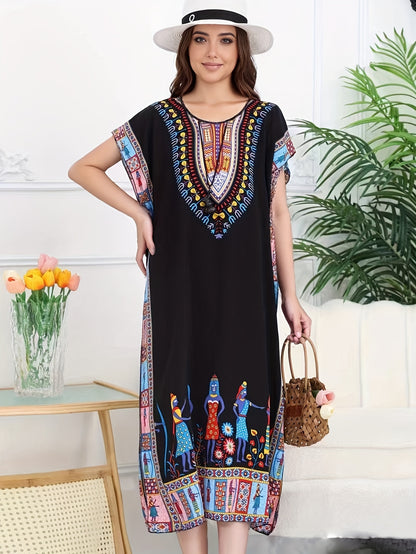 Effortless Tribal Print Kaftan Dress for Women with V Neck Short Sleeve Embroidered Flowing Bohemian Style