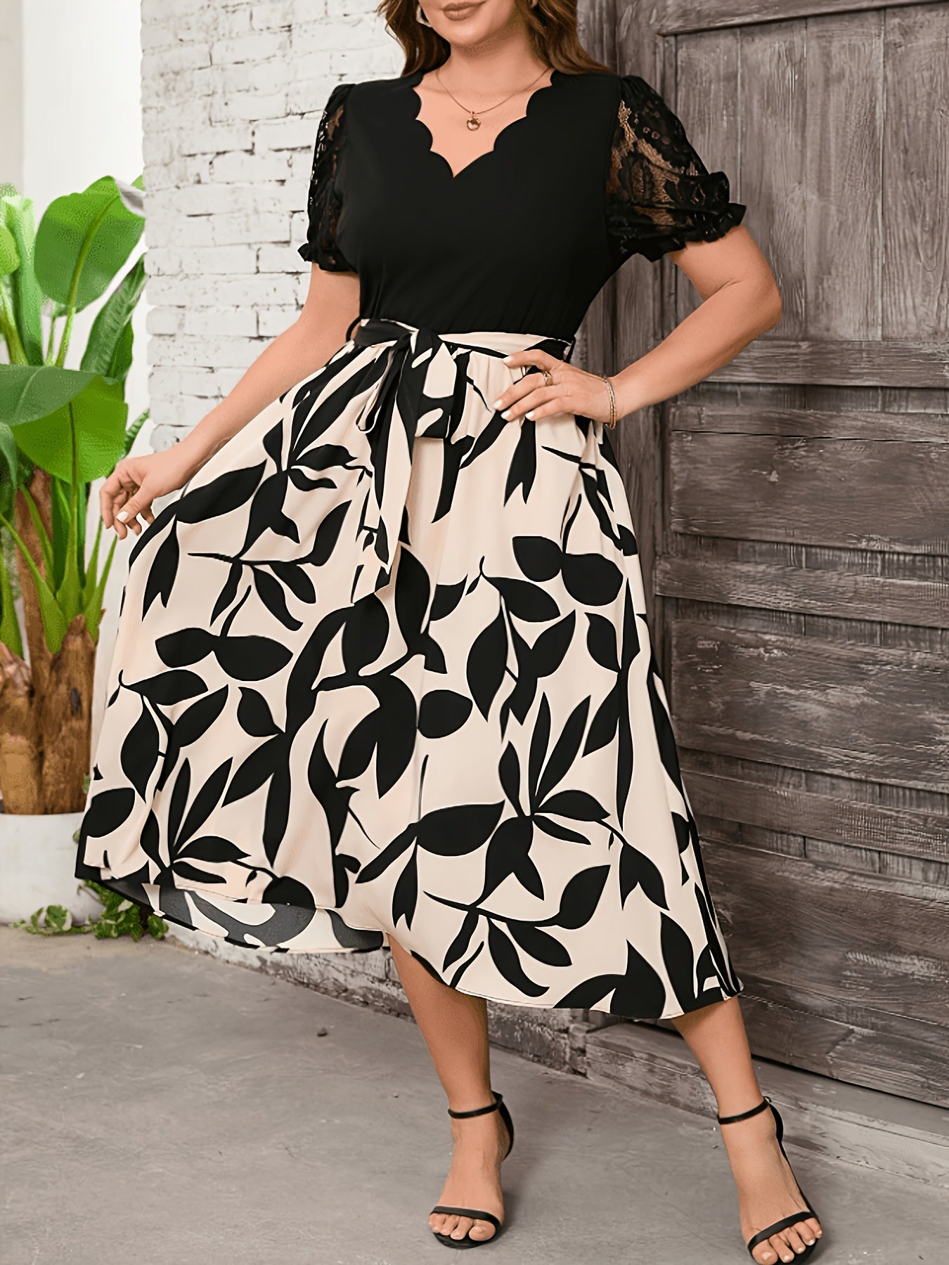 Elegant Black Leaf Print Midi Dress for Women with Scalloped V Neck Lace Sleeve Tie Waist Style