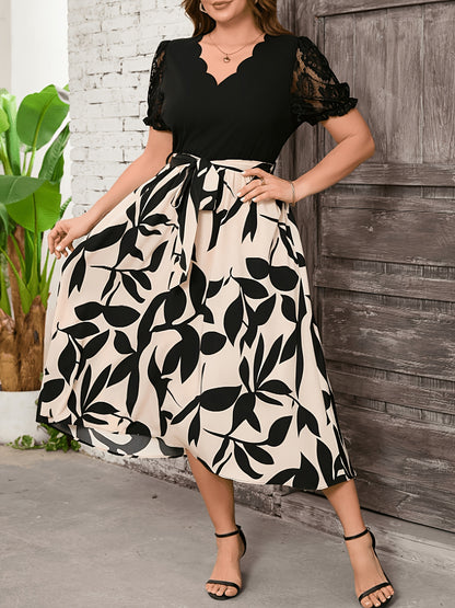 Elegant Black Leaf Print Midi Dress for Women with Scalloped V Neck Lace Sleeve Tie Waist Style