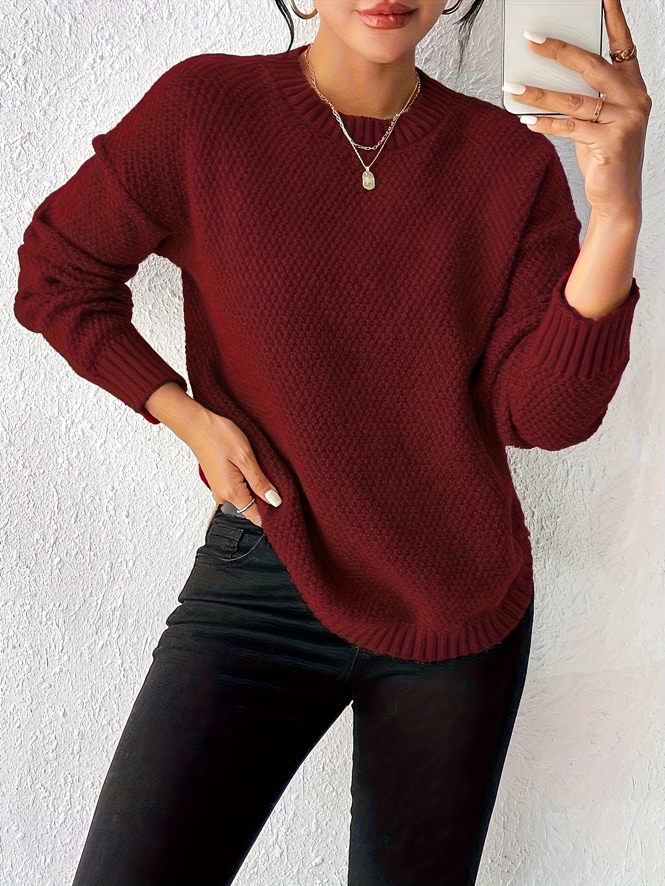 Women's Pullover Sweater, Solid Color Round Neck Loose-Fit, Simple Versatile Long Sleeve, Sweater Top