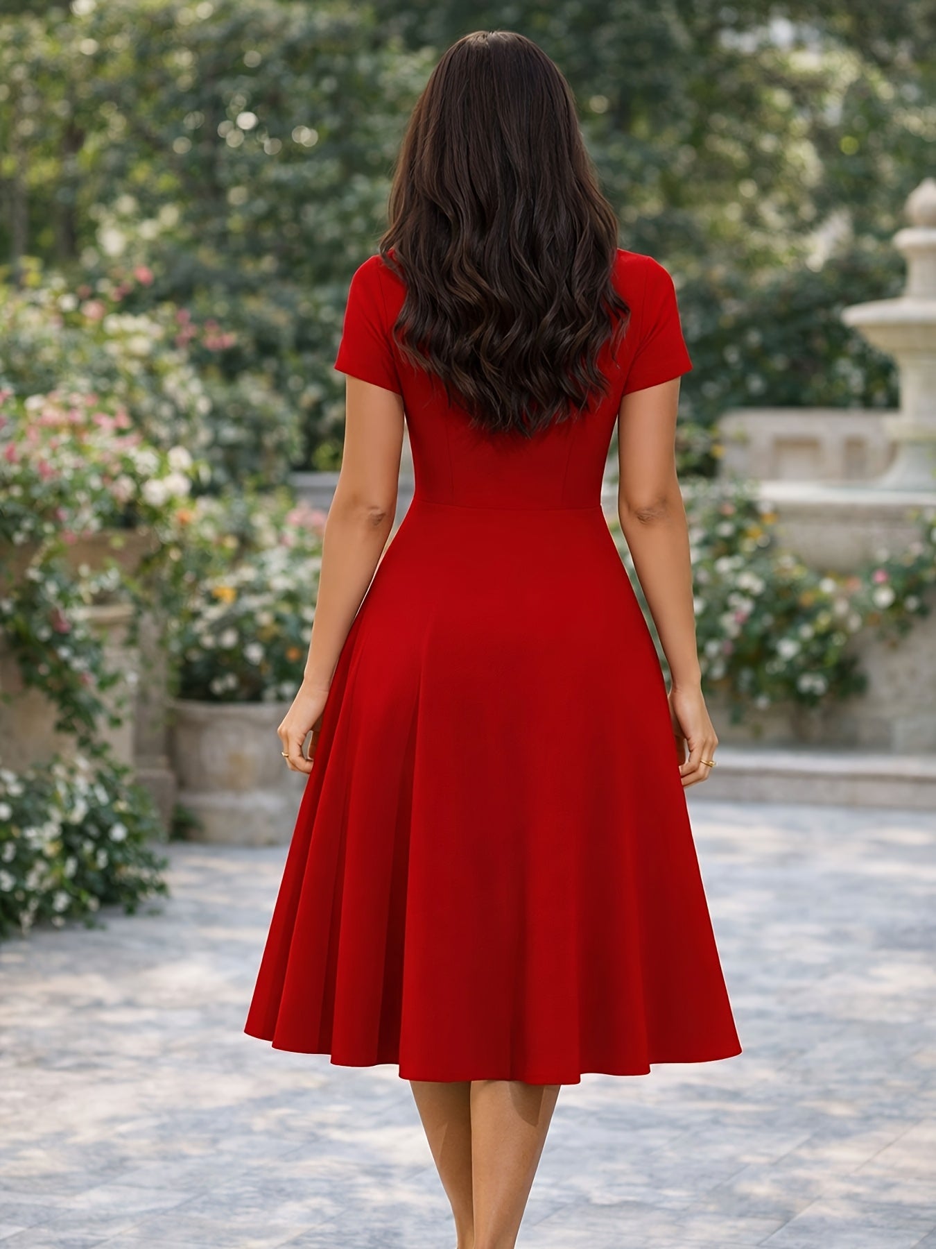 Elegant Red Polka Dot Midi Dress for Women with Collar Neckline Short Sleeve Button Front Flowing Style