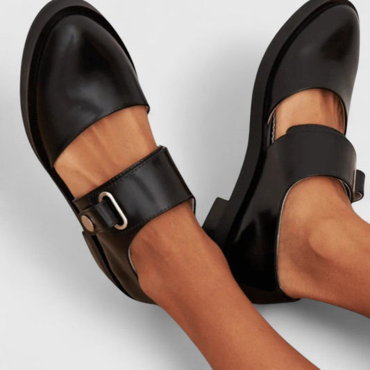 Elegant Black Leather Mary Jane Flats for Women with Buckle Strap Round Toe Cutout Casual Style