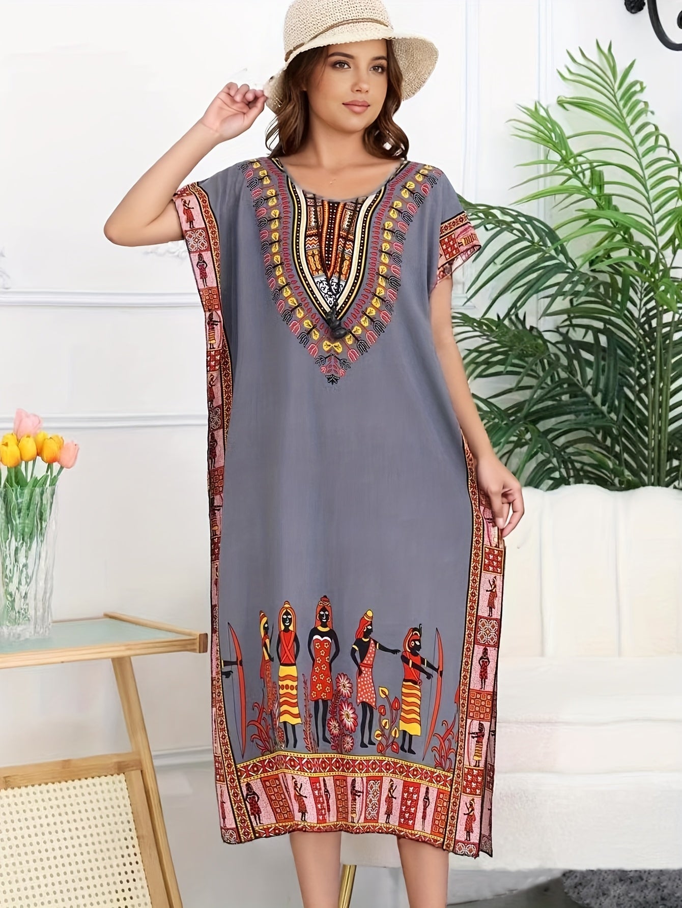 Effortless Tribal Print Kaftan Dress for Women with V Neck Short Sleeve Embroidered Flowing Bohemian Style