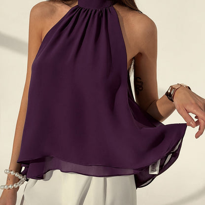 Elegant Purple Chiffon Halter Top for Women with High Neck Sleeveless Flowing Asymmetric Style