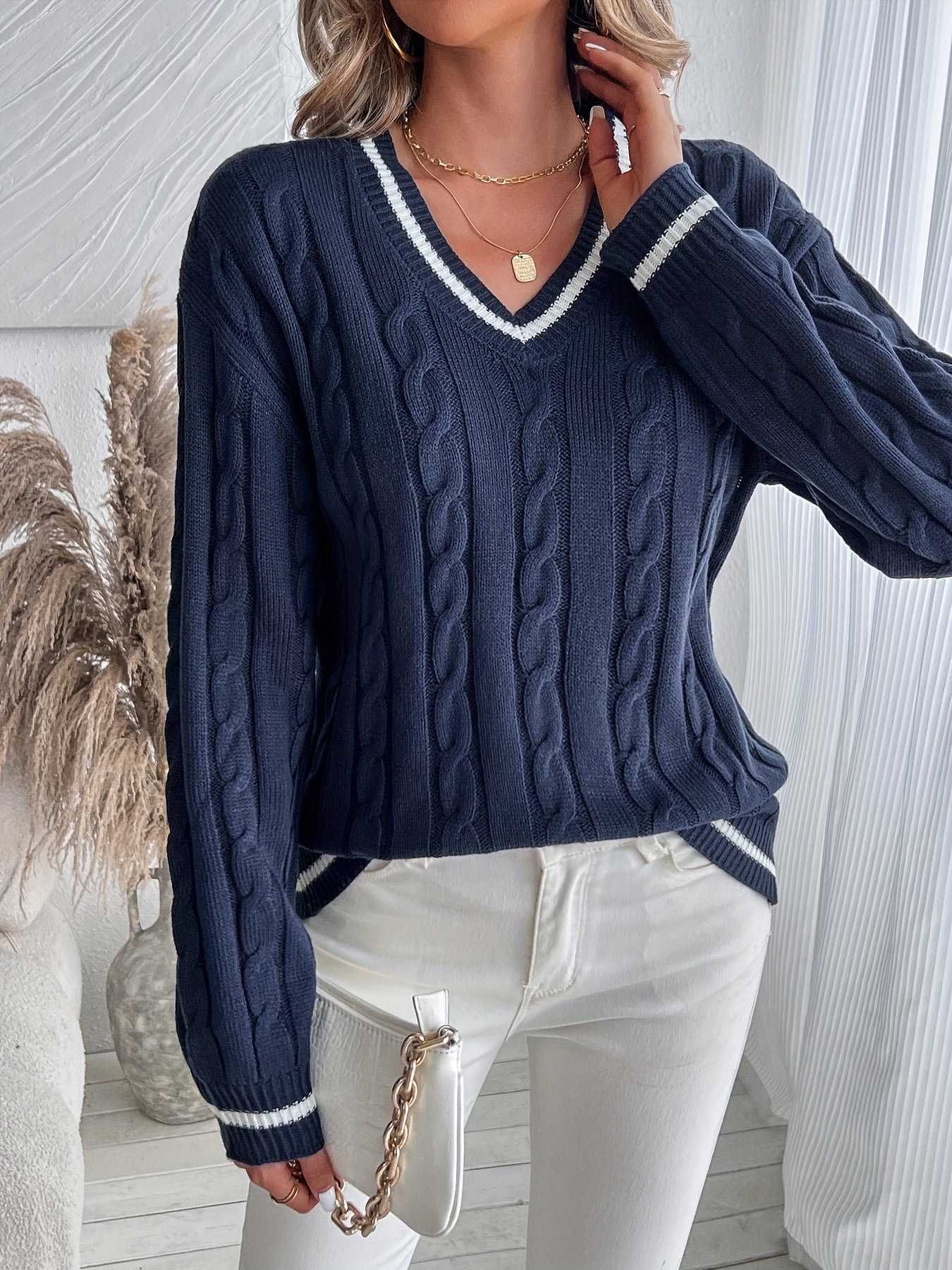 Comfortable Cable Knit Sweater for Women with V Neck Long Sleeve Contrast Stripe Relaxed Varsity Style