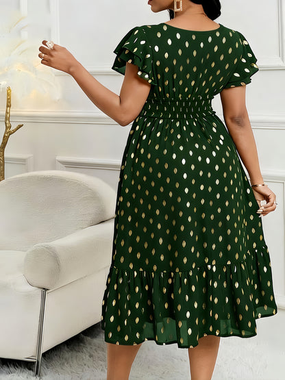 Elegant Polka Dot Midi Dress for Women with V Neck Flutter Sleeve Smocked Waist Ruffle Hem Style