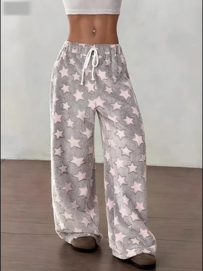 Comfortable Grey Star Print Fleece Pajama Pants for Women with High Waist Drawstring Wide Leg Cozy Style