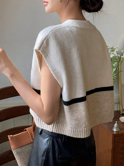 Elegant Apricot Striped Sweater Vest for Women with V Neck Sleeveless Cropped Oversized Knit Style