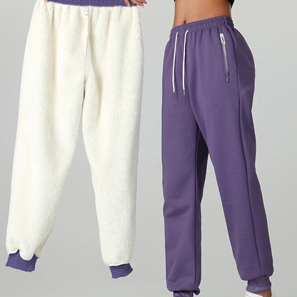 Comfortable Sherpa Lined Jogger Sweatpants for Women with High Waist Drawstring Zip Pocket Cinched Ankle Relaxed Style