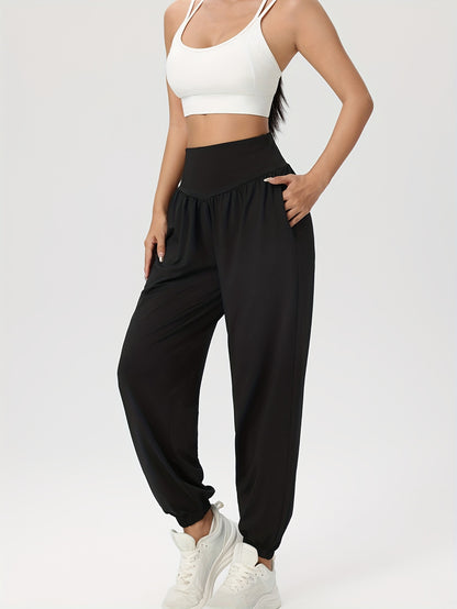Effortless Black Jogger Pants for Women with High Waist Gathered Elastic Cuff Casual Style