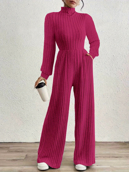 Effortless Ribbed Knit Jumpsuit for Women with Mock Neck Long Sleeve Wide Leg Relaxed Style