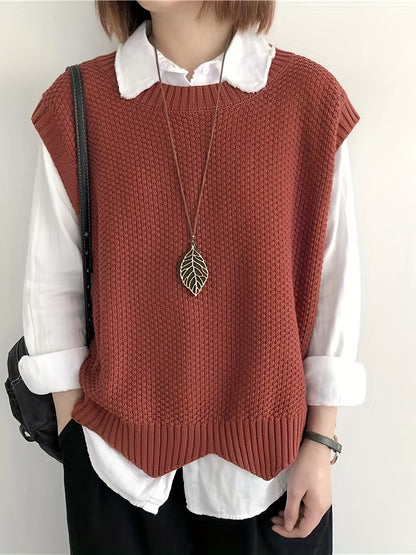 Comfortable Chunky Knit Sweater Vest for Women with Crew Neck Sleeveless Ribbed Trim Oversized Style