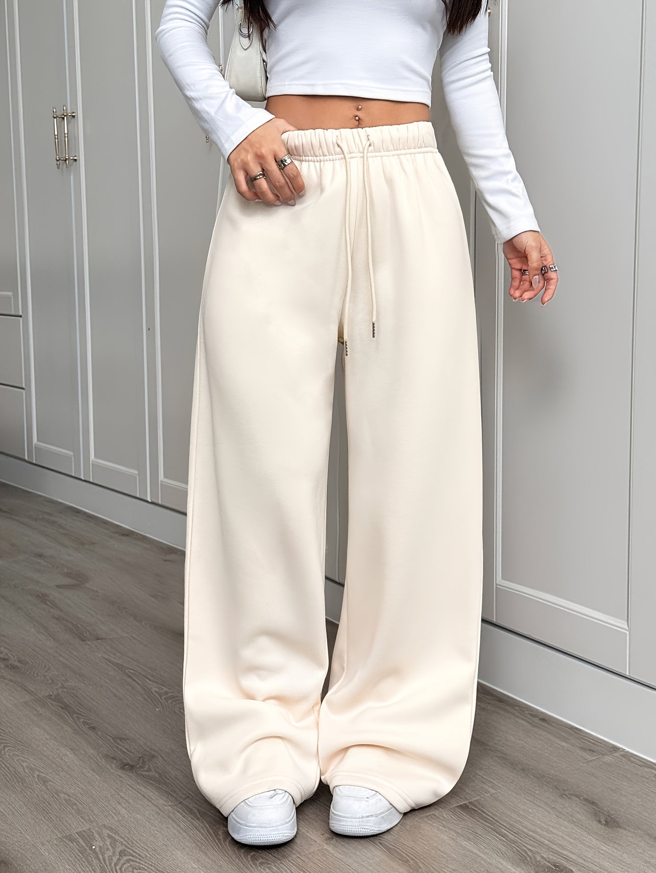 Comfortable Apricot Fleece Wide Leg Pants for Women with High Waist Drawstring Relaxed Casual Style